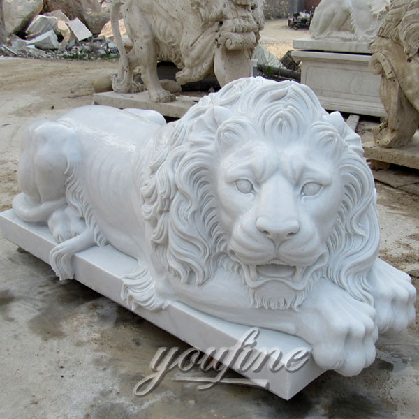 Lawn ornaments Sleeping white stone lion statues at entrance
