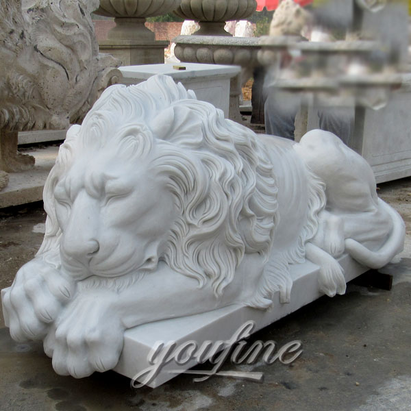 Big white marble sleeping Lion statues for outdoor garden ornaments