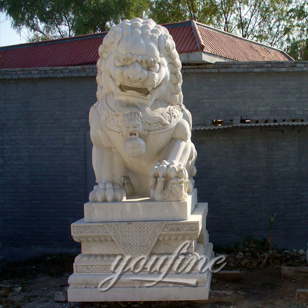 Outdoor beige marble stone guardian foo dog traditional for gate