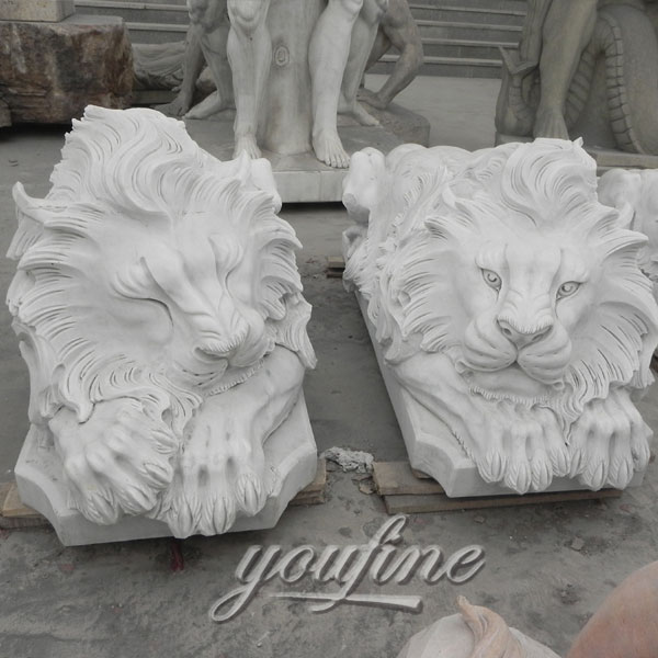 Sleeping natural marble stone lion statues life-size animal sculptures for lawn ornaments