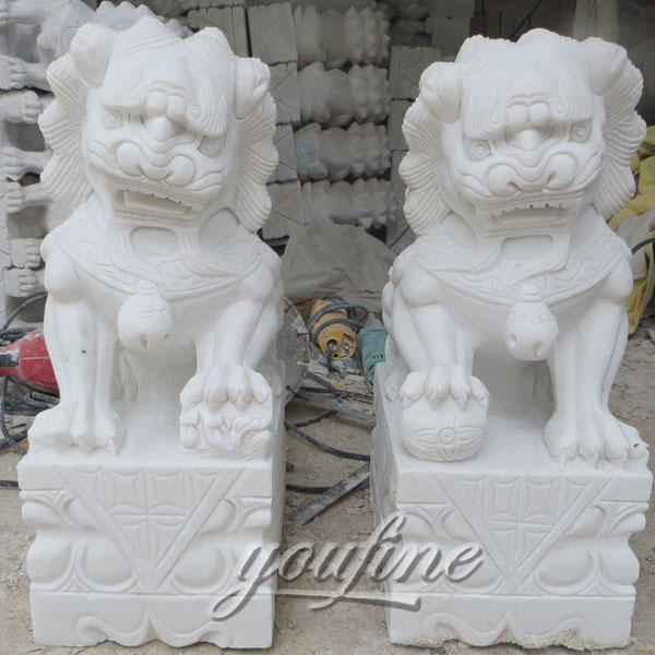 Guardian carving big white marble stone foo dogs  for front porch