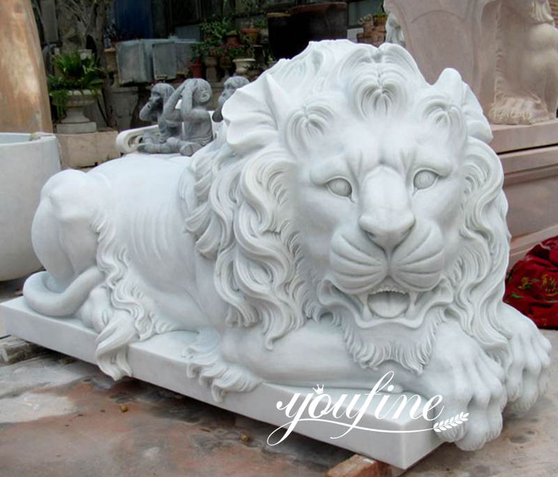 Life-size Outdoor White Marble Lying Lion Statue for Sale MOKK-109 (3)