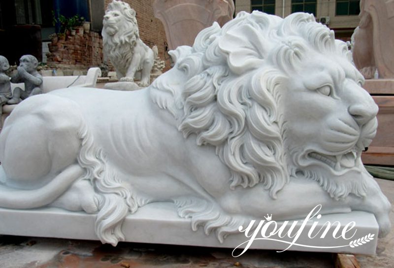 Life-size Outdoor White Marble Lying Lion Statue for Sale MOKK-109 (4)