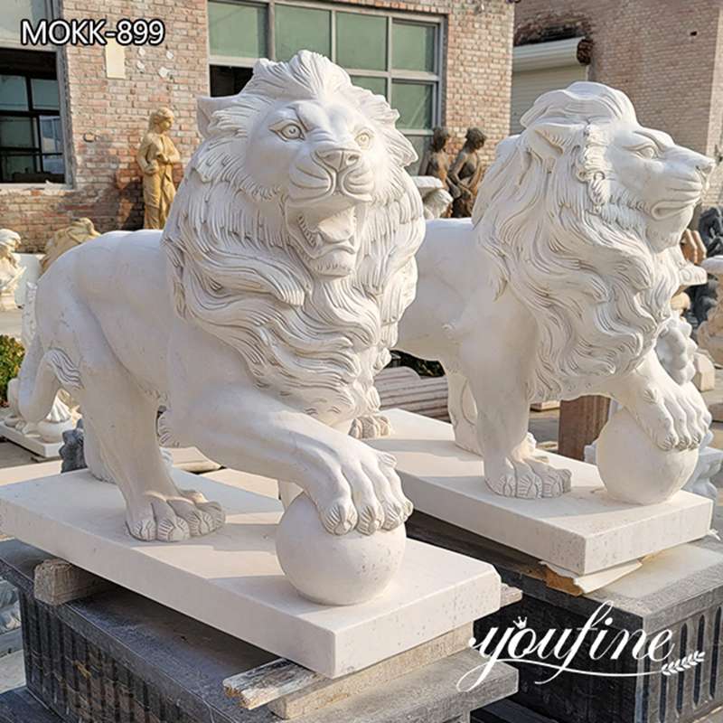 Large Hand carved Natural Stone White Marble Lion Sculpture MOKK -899