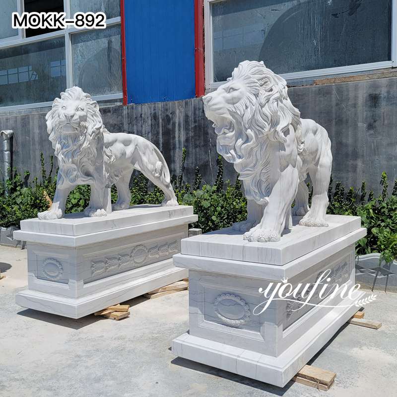 Western White Stone Lion Statue Life Size Outdoor Garden Decor for Sale MOKK -892