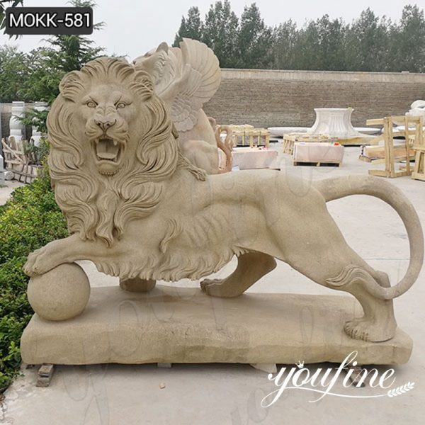 Customized Natural Marble Lion Statue with Ball Design for Sale MOKK-581