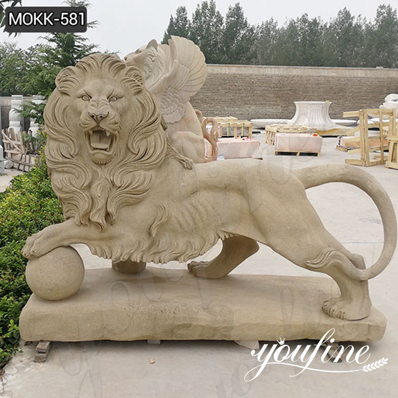 Customized Natural Marble Lion Statue with Ball Design  for Sale MOKK-581