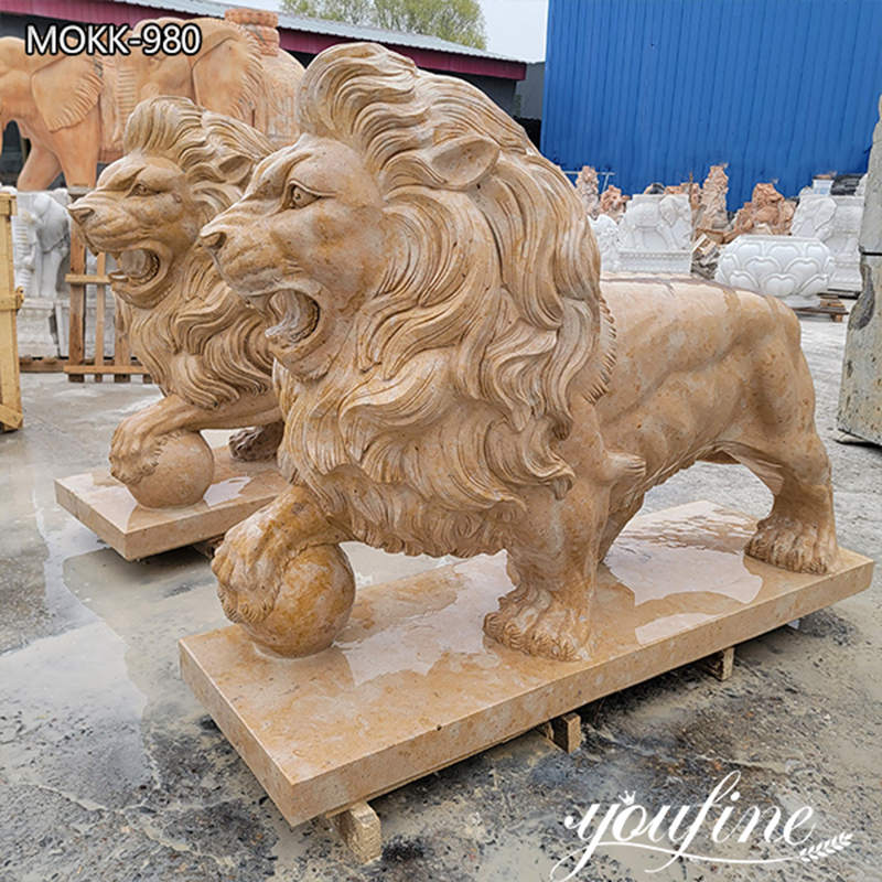 Natural Marble Lion with Ball Statue Outdoor Decor for Sale MOKK-980