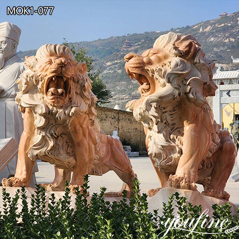 Large Sunset Red Marble Lion Statues Pair Supplier MOK1-077